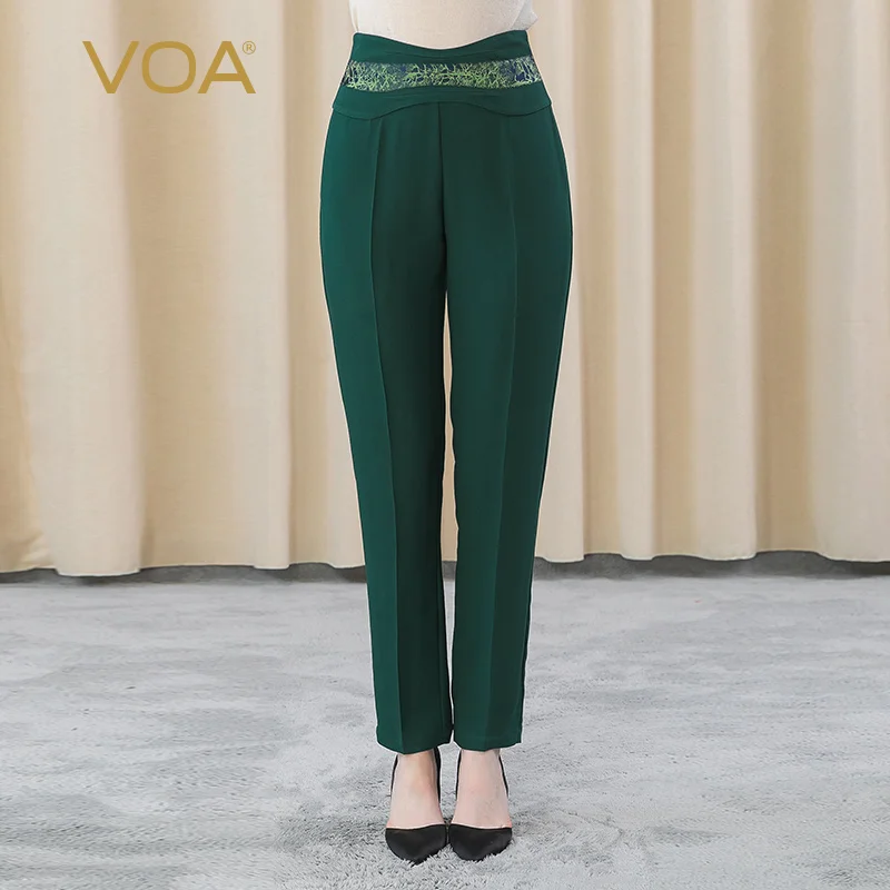 

VOA Dark Green 60m/m Silk Pants for Women KE310 Office Lady High Waist Bump Jacquard Stitching OL Wild Harlan Trousers