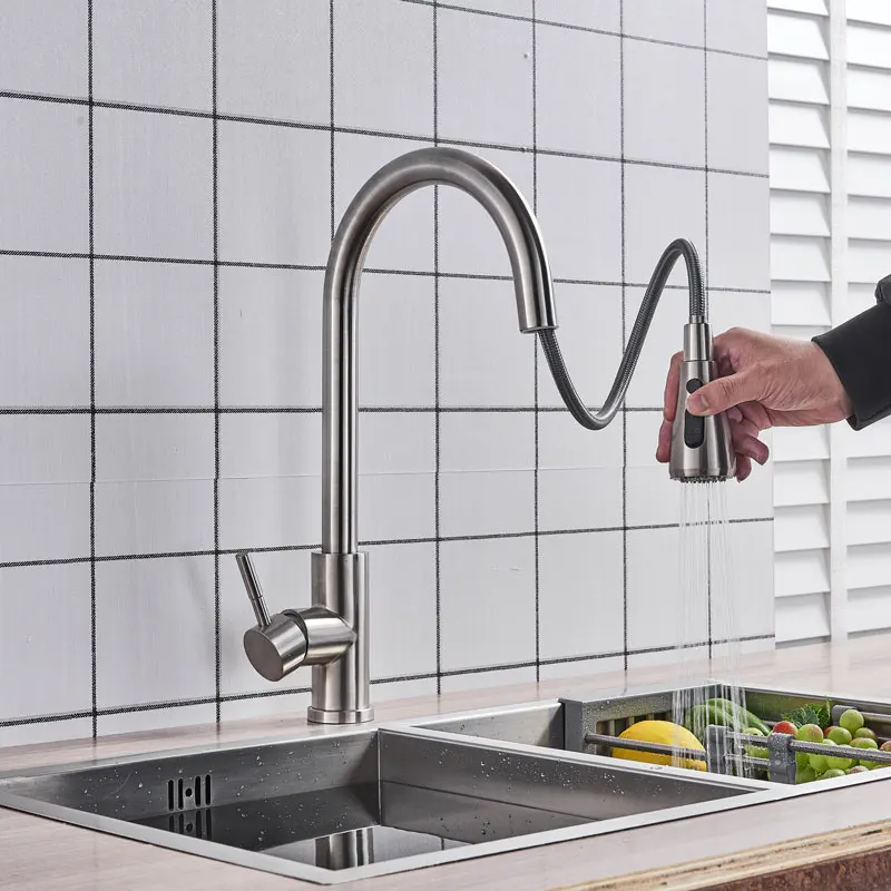 chrome brushed orb Pull Out Kitchen Faucet Silver Single Handle Nickel Kitchen Tap Single Hole Handle Swivel Sprayer Water Mixer