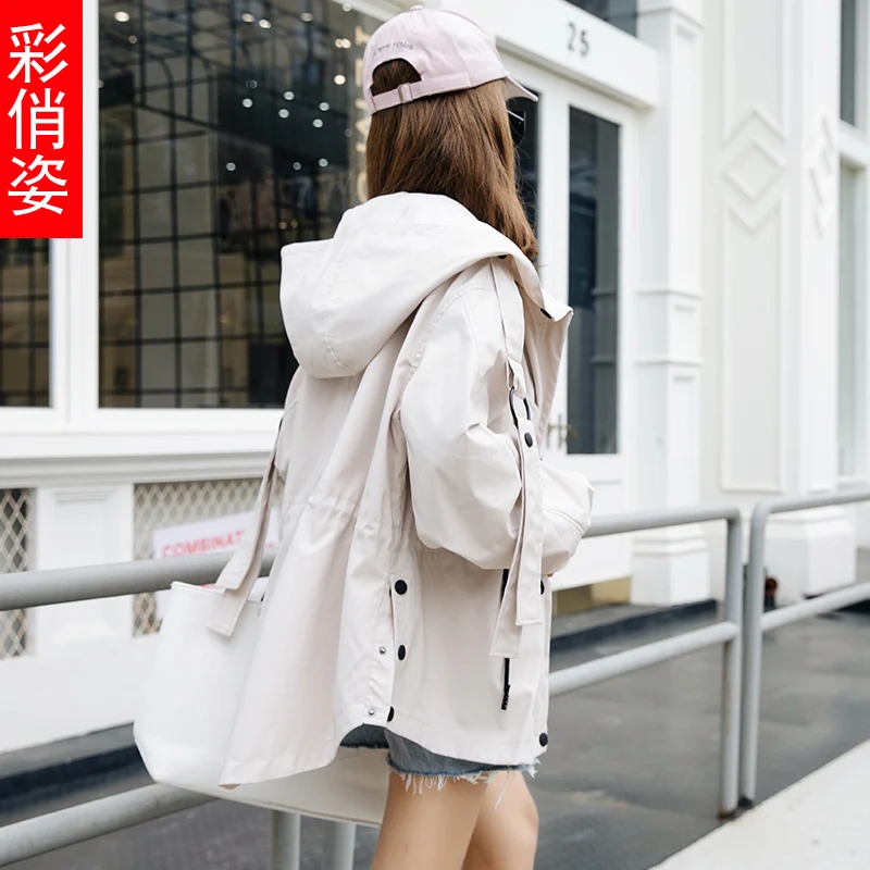 

Black Streetwear Hooded Trench Coat Fashion Soft Korean Style Red Coat Vintage Jacket Abrigos Para Mujer Woman Windbreaker EH50T