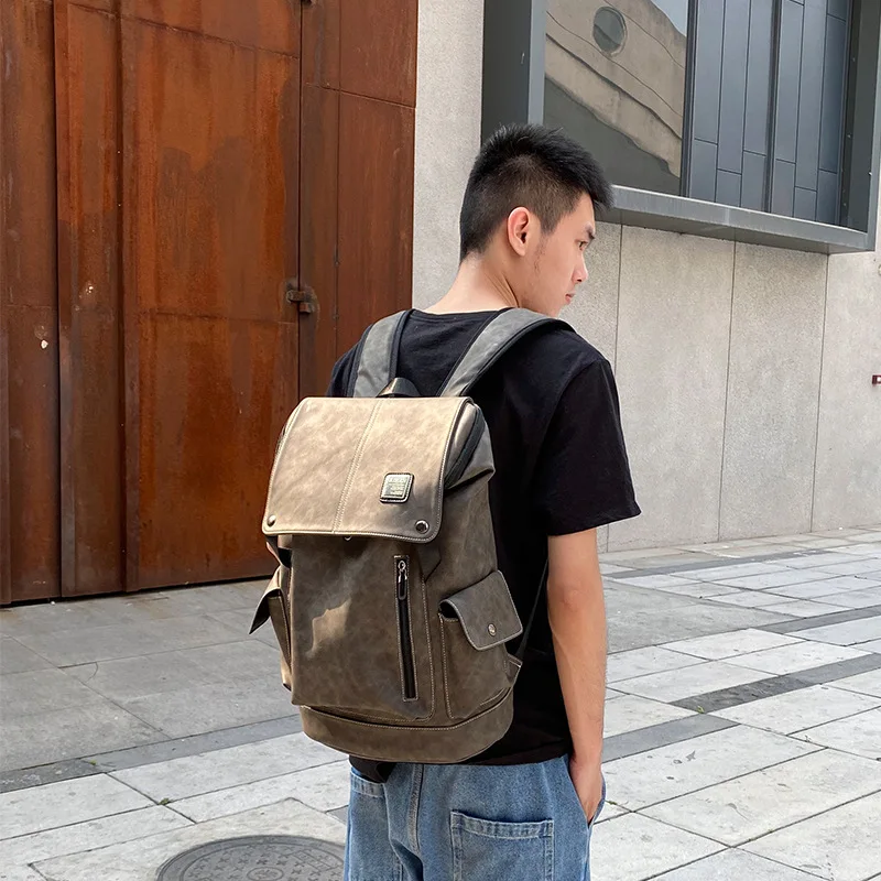 

2021 New Casual Men's PU Leather Backpack Vintage Outdoor Daypack Male Large Capacity Travel Rucksacks Boys School Laptop Bags