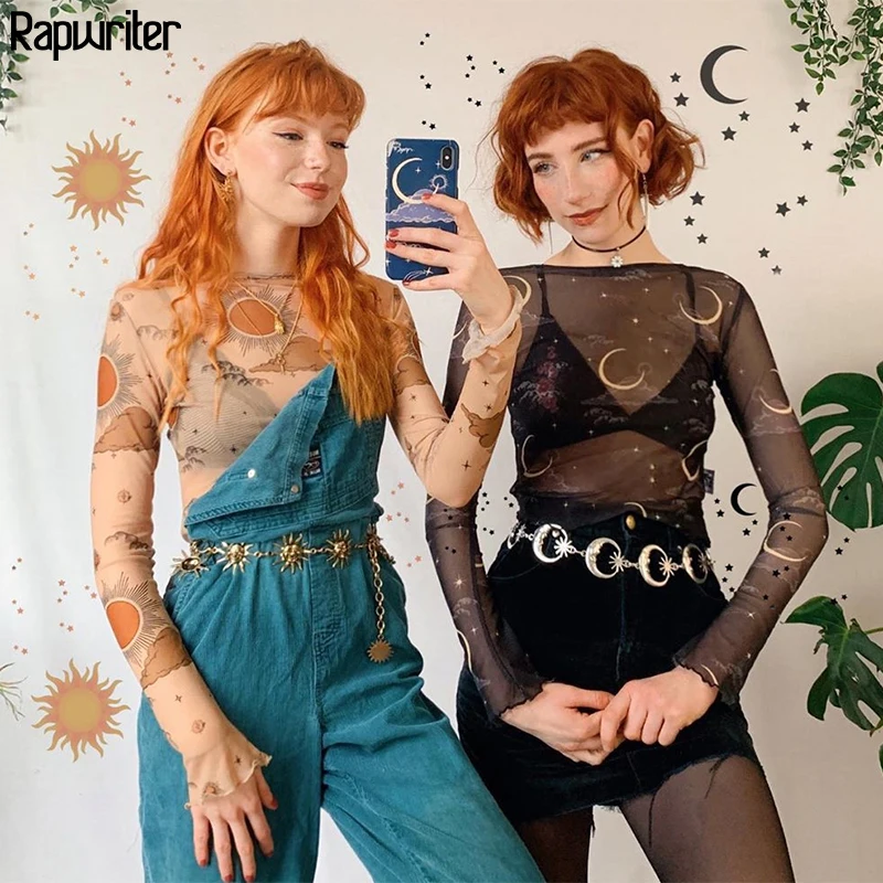 Rapwriter Sun Moon печати сетки сексуальные футболки женские узкие укороченный топ 2020