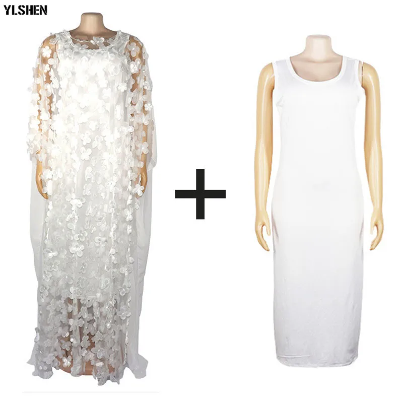 Style2White 2pcs set Африканские платья для женщин Дашики кружевная африканская одежда Bazin Broder Riche вышивка блестками Robe Boubou Africain платье платья - Цвет: Style2White 2pcs set