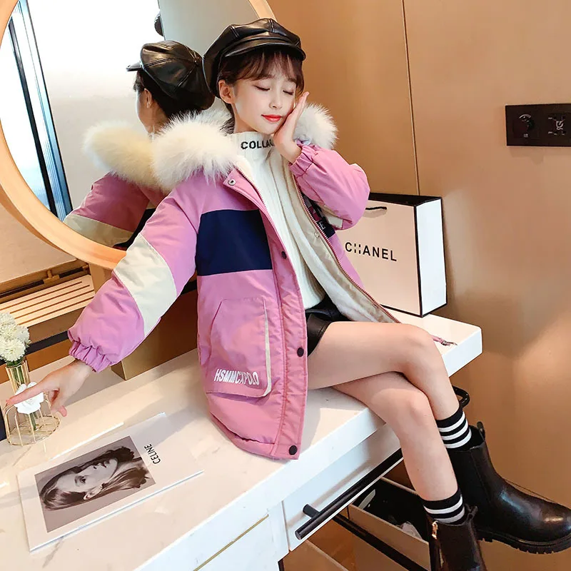 

2021 New Winter Mid-length Thick Warm Coat Kids Girls Fashion Casual Wadded Jacket Teenage Hooded Outwear Parka Children Clothes