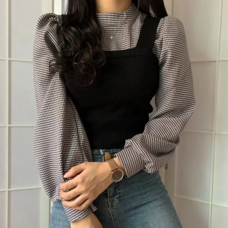 

Spring Sweater Vest Suit 2021 Korean Plaid Shirt Slim Knit Vest Fried Street Two-piece Set For Women