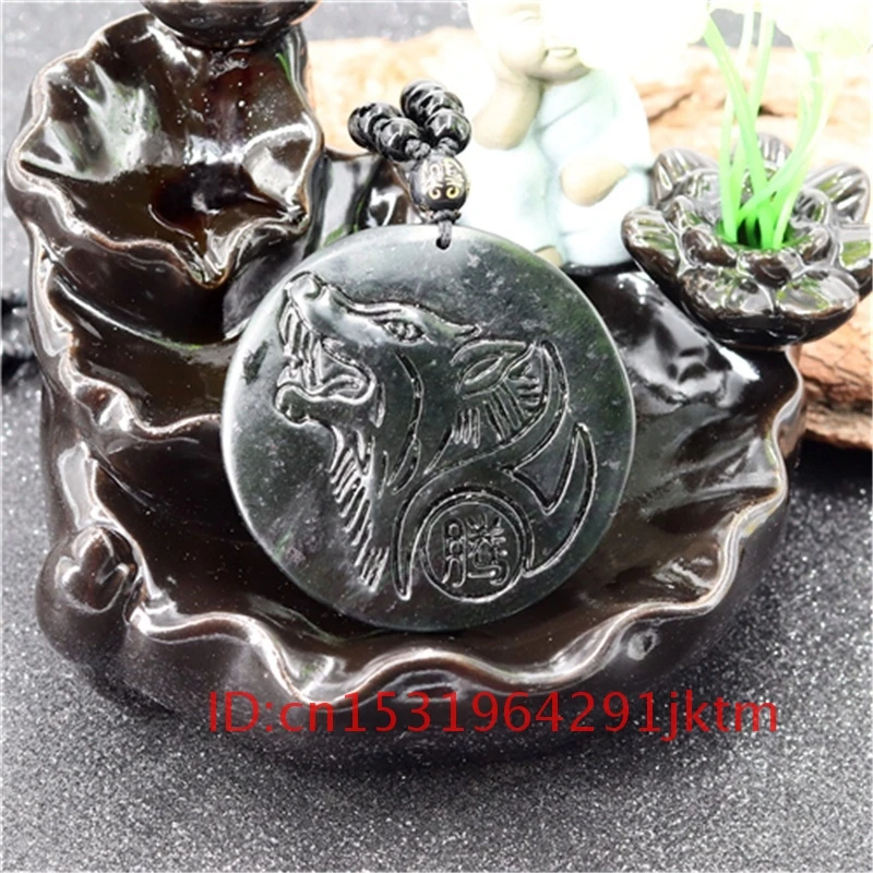 

Obsidian Pendant Gifts Chinese Black Wolf Men Amulet for Green Totem Jade Necklace Carved Charm Jewelry Accessories Natural