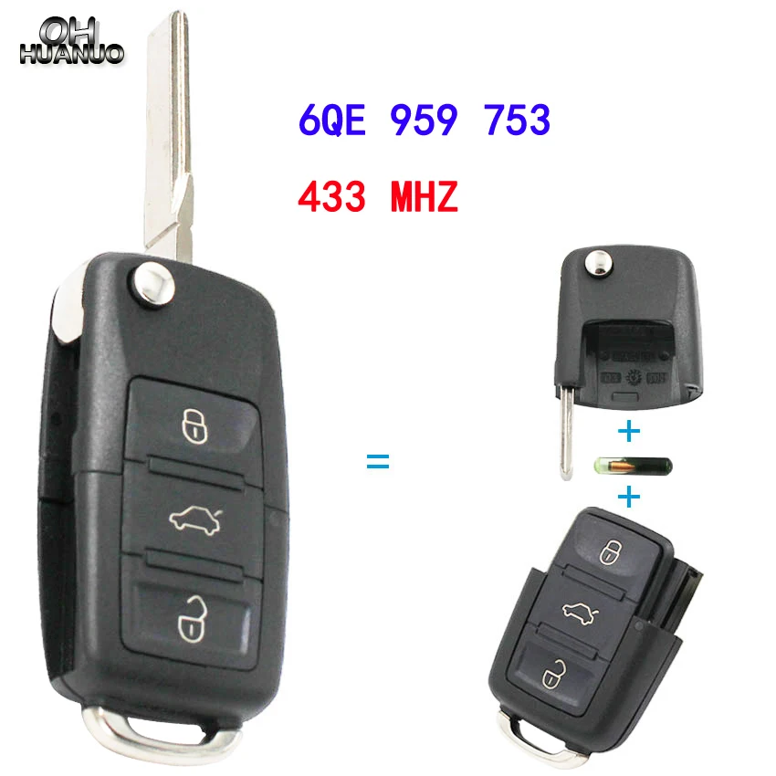 Складной Дистанционный смарт ключ ID48 с 3 кнопками 6QE 959 753 433 МГц 6QE959753