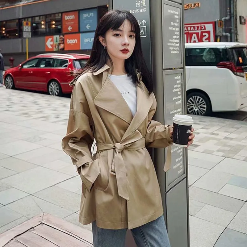 

Cthink Good Quality Spring 2021 New Short Trench Women Stylish Office Lady Belt Slim Solid Fashion Women Trench Coat