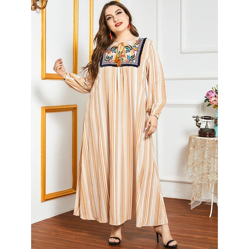 

WJXWKL 2021 Plus Size Striped Machine Embroidery Dress Women's Elegant Striped Stitching Long Sleeve Casual Dress Long Dress