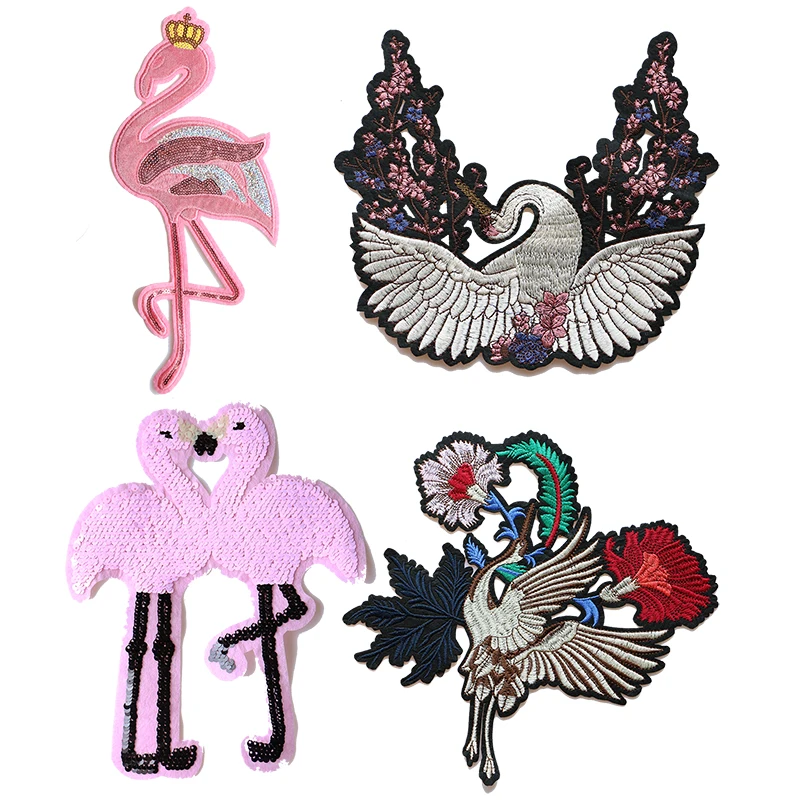 

Cartoon Decorative Patch Crane, swan, flamingo Sequins icon Embroidered Applique Patches For DIY Iron on Badges Stickers on bags