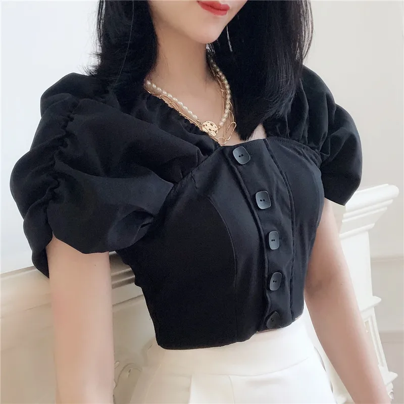 Женские топы 2019 новые модные летние блузки квадратный воротник короткий Пышный