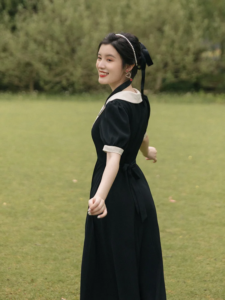 

Retro Lapels Black Dress Price Control +