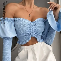 cryptographic off shoulder ruched drawstring women top blouses shirts flare sleeve summer crop tops fashion blusas mujer clothes