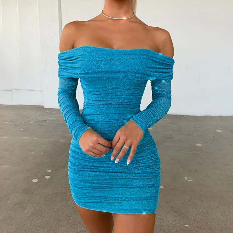 

Sexy Mesh Gauze Off Shoulder Glitter Dress Slash Neck Strapless Bodycon Mini Dress Women Party Club Wear Sheath Dresses