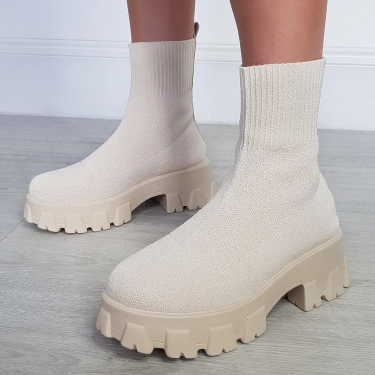 

Trend Modern Fashion Women Knitted Stretch Sock Boots Slip on Comfortable Footwear Platform Chunky Heel Round Toe Ladies Shoes