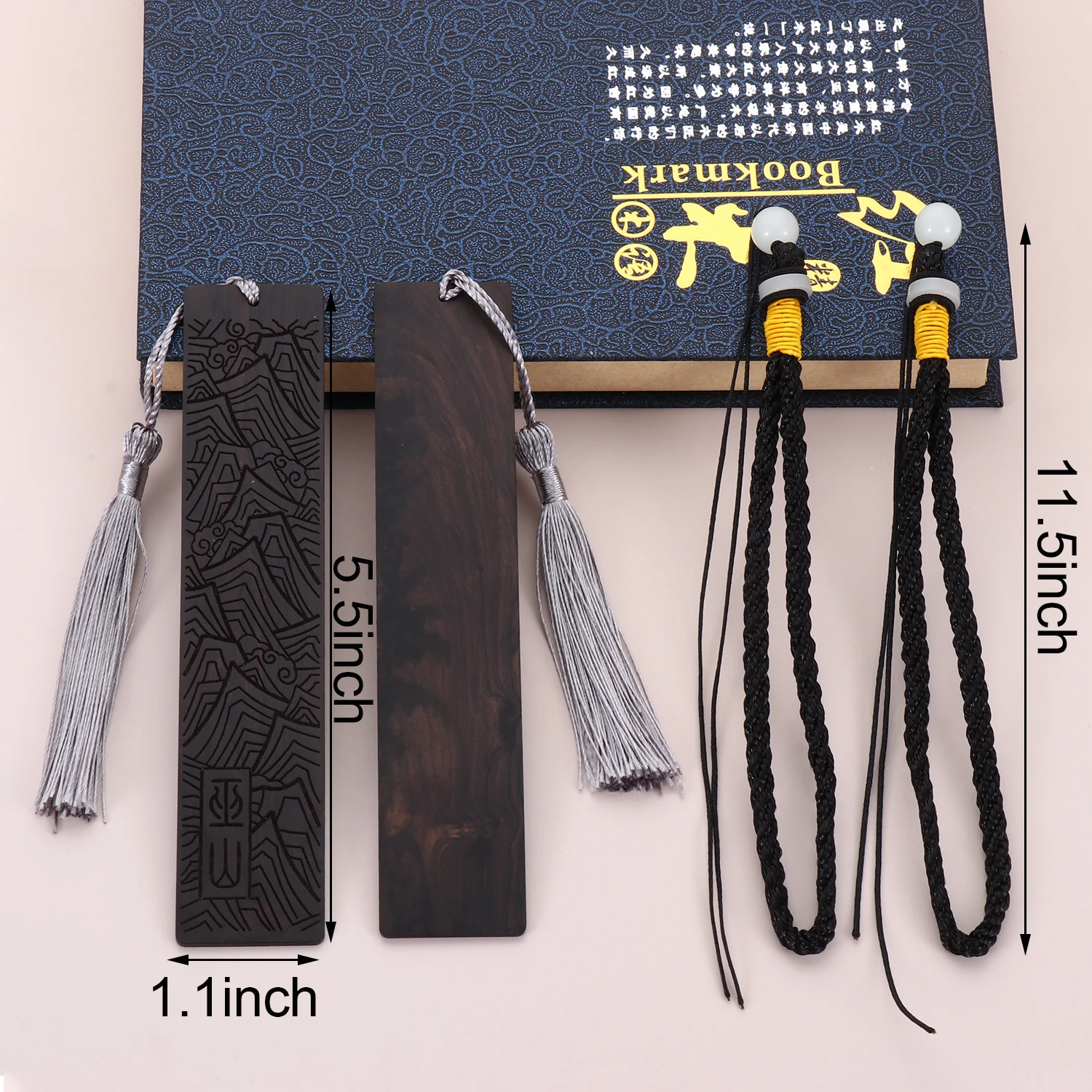 

2Pcs/Set Handmade Wooden Bookmark Luminous BookMark Gift Box Ebony Strings of Lanyard For Friendship/Anniversary Gift