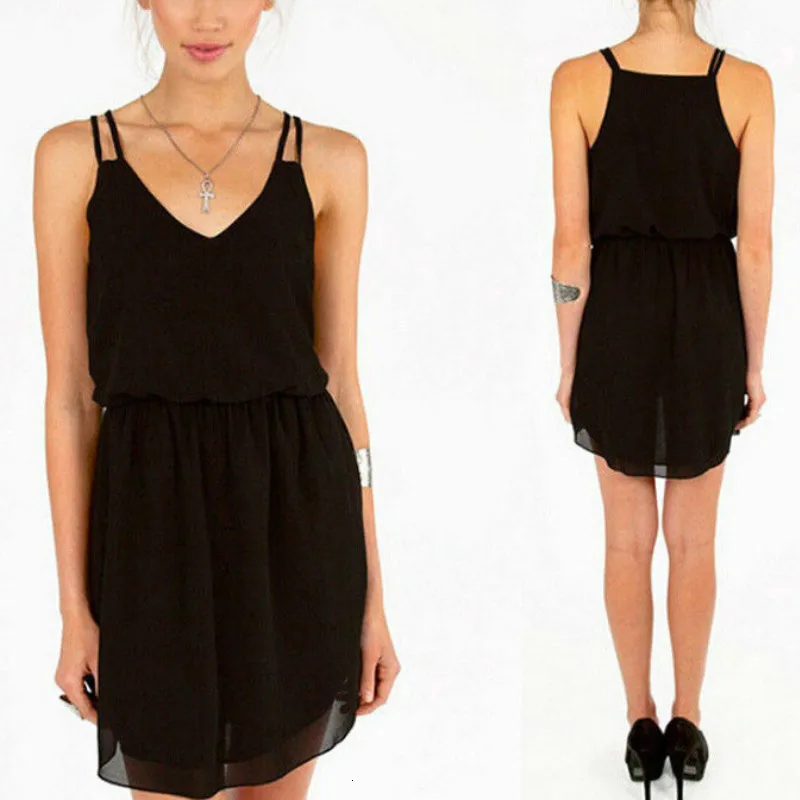 Women Summer Dress V-Neck Spaghetti Strap Casual Mini Boho Beach Red Black Sundress |