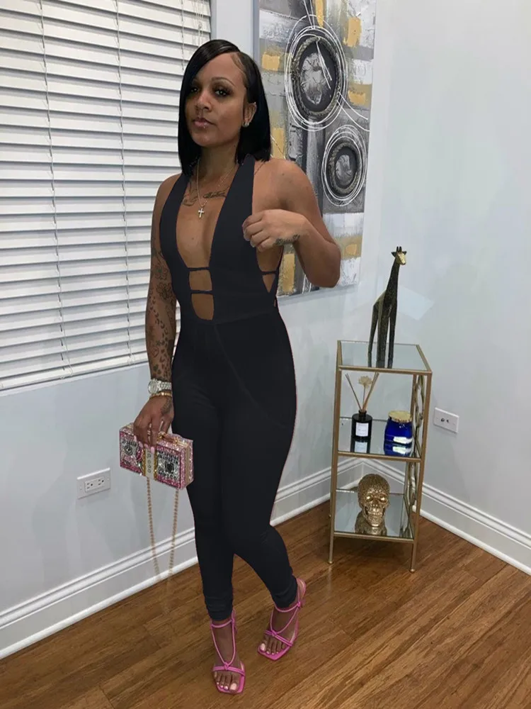 

Sexy Open Chest Vest with Bandage Hollow Out Fashion New Women's Dress Waist Tight Pure Color Simple Nightclub Party Jumpsuit