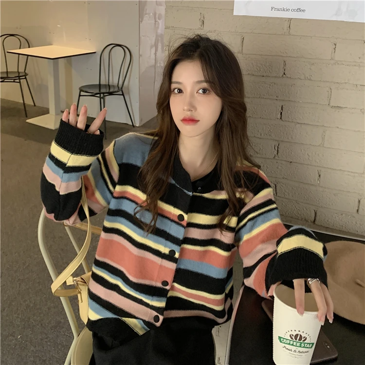 

Новинка весна-осень вязаный кардиган в радужную полоску во французском стиле женский тонкий свитер