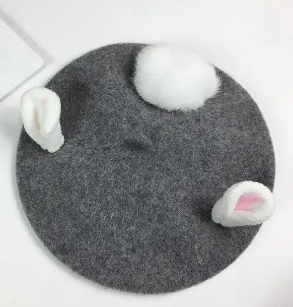 Handmade Wool Felt Berets Women Fashion Valentine's Day Gift Cute Rabbit Ears Winter Hat For Vintage Pink Caps | Аксессуары для