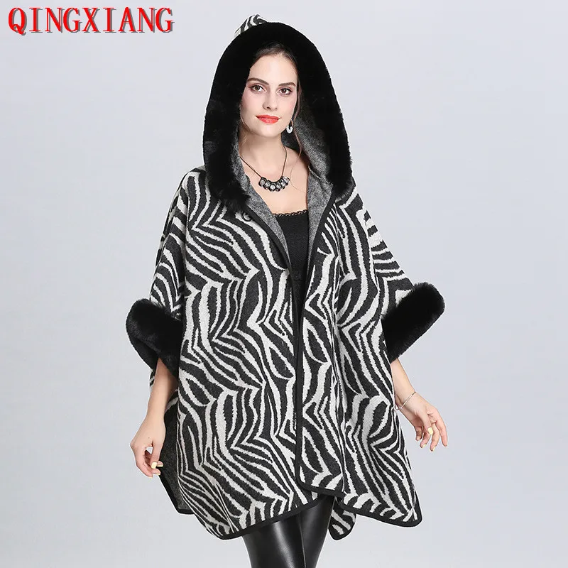 

2019 Women Faux Fox Fur Cardigan Winter Warm Plus Size Open Stitch Striped Knitted Loose Coat Ladies Thick Short Cloak With Hat