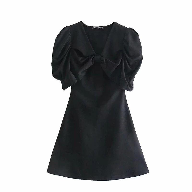 

XEASY Women 2021 Summer Bow Dress V-neck Sweet Petal Sleeve Vestido Elegant Solid Color A-line Mini Dressed
