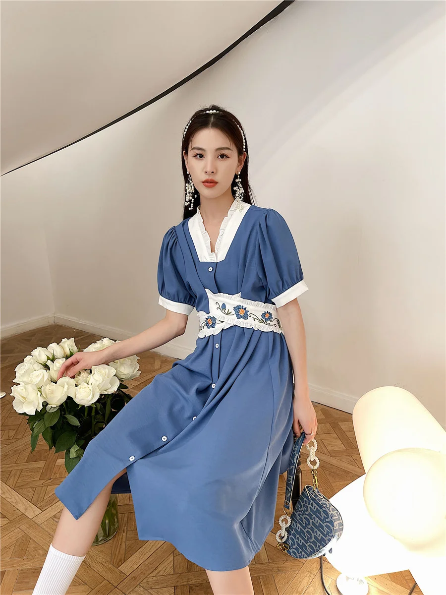 

2021 French Embroidery Tied Dress Long Lake Blue Lotus Leaf Collar Cinched Swing Dress Rac