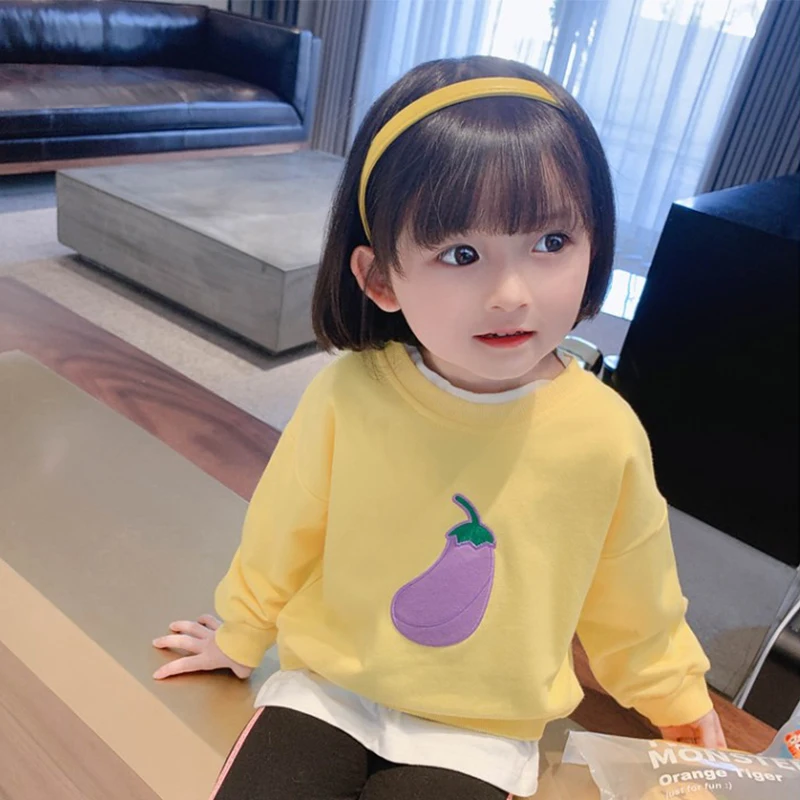 

2021 Spring kids girls Cartoon Fruit sweatshirts collar fashion all-match casual long sleeve Hoodies Tops Baby's sweater 3 color