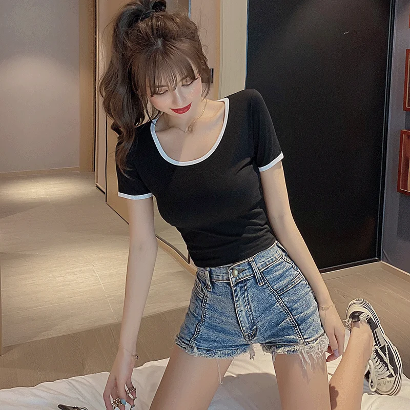 

Summer Women'S Sexy Round Neck High Waist T-Shirt Female Y2k Korean Casual Cotton Short-Sleeved Solid Color T-Shirt Female Top