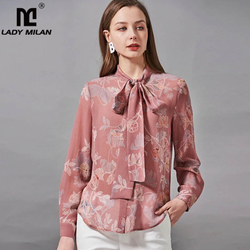 

100% Silk Women's Shirt Bow Collar Long Sleeves Floral Printed Fashion Blouse Camisa Tops