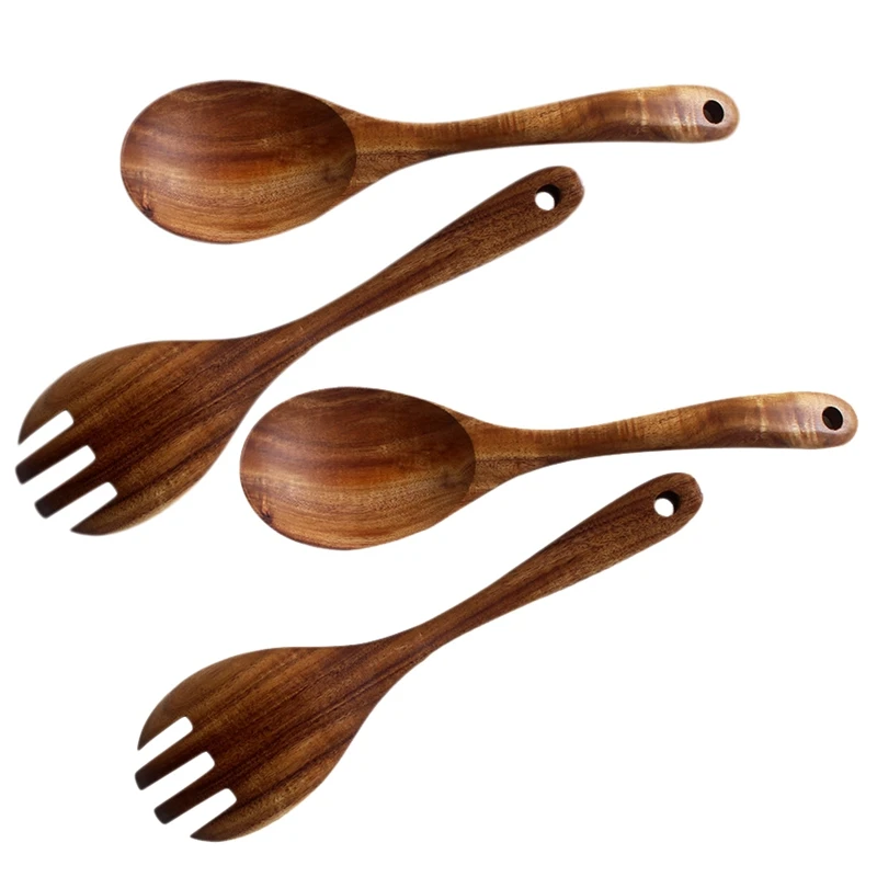 Wooden Salad Servers Set of 4 Serving Cutlery Spoon Fork Woo