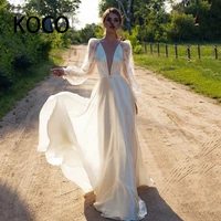 macdugall sexy wedding dress long satin and lace attire puffy sleeve open back deep v neck 2021