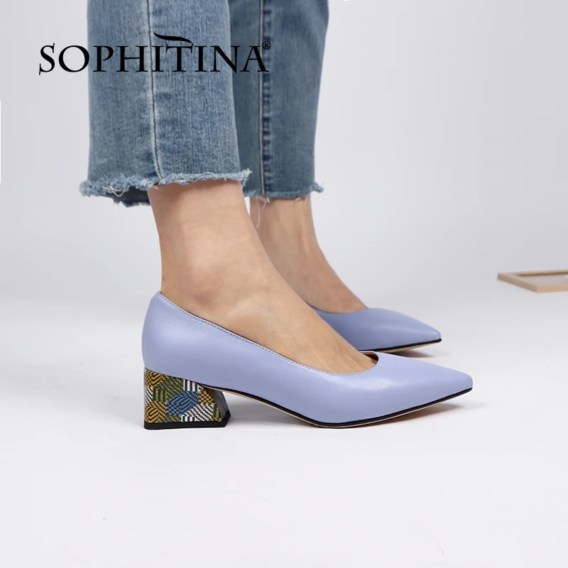 

SOPHITINA Pumps Shoes Women Mid Heels High Quality Genuine Leather Concise Stylish Pointed Toe Spring Autumn Flower Dress PC986