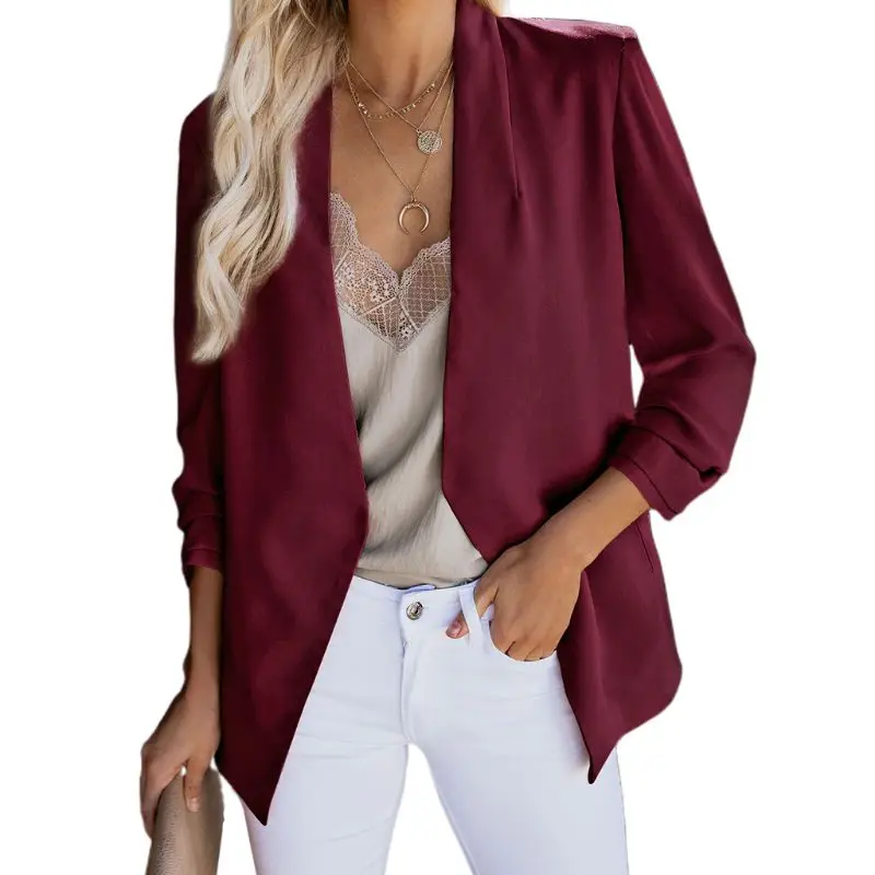 

Для женщин; Большие размеры Ruched 3/4 рукав деловые пальто открытой передней сплошной Цвет тонкий офисные Блейзер Кардиган Куртка с карманами ...