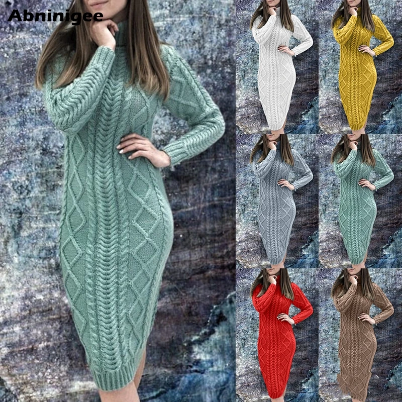 

Womens Long Sweater Dress Winter Long Sleeve Turtleneck Sweater Dresses Ladies Solid Color Slim Thick Warm Knit Pullover Vestido
