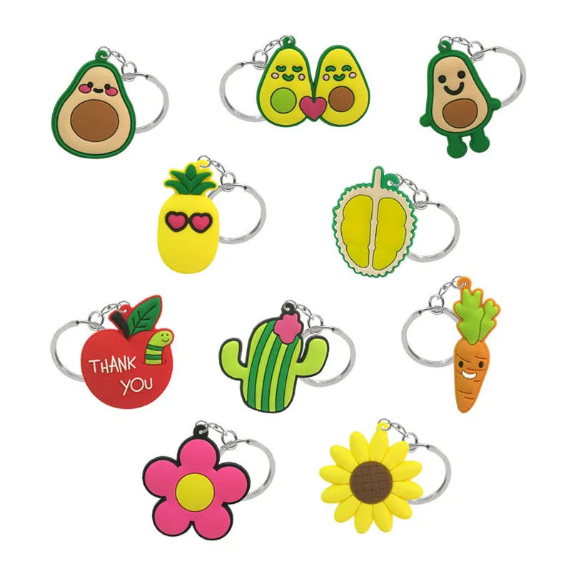 

1PCS PVC keyring flowers avocado apple Cactus carrot pineapple durian cartoon keychain holder pendants fit women girl