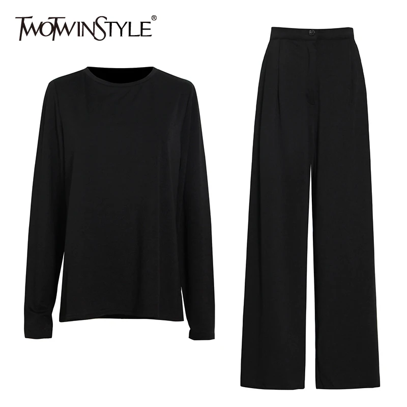 

TWOTWINSTYLE Casual Two Piece Set For Females Crewneck Long Sleeve T-shirt Full Length Pants Black Women's Suit 2021 Fashion New