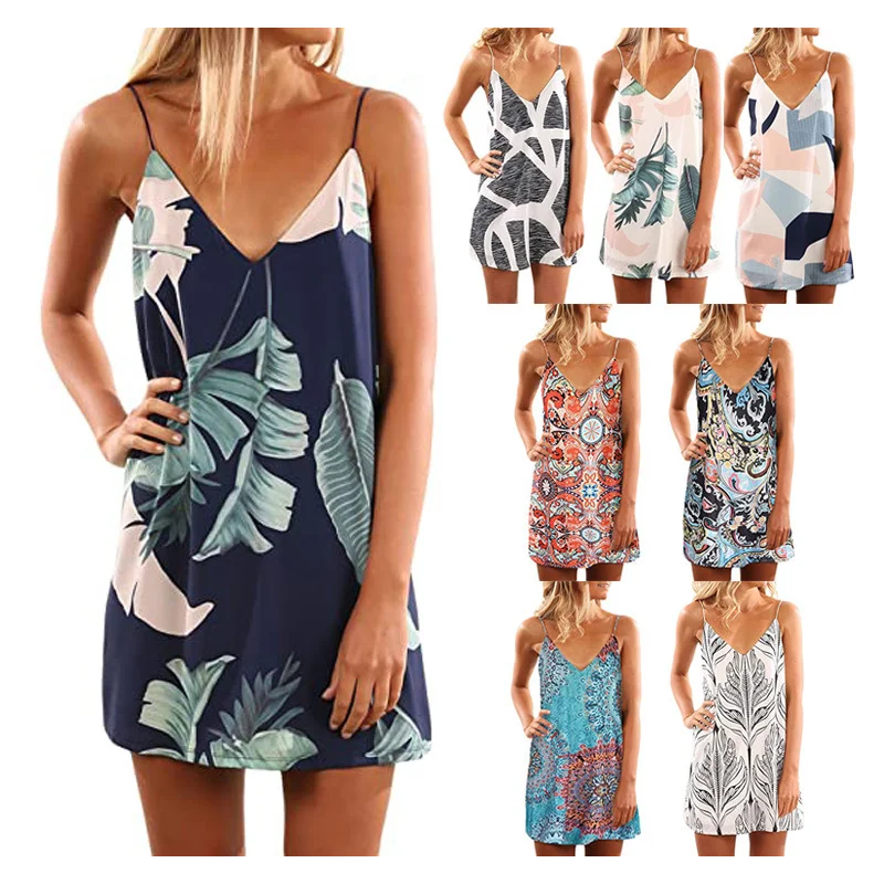 

Summer Sexy V-neck Suspender Halter Floral Print Bohemian Style Womens Mini Dress Beach Short Skirt Large Size