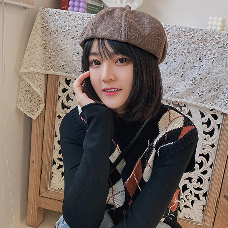 

New Korean art octagonal Hat Ladies Fashion Plaid tweed Beret Hat Newsboy Hat trend