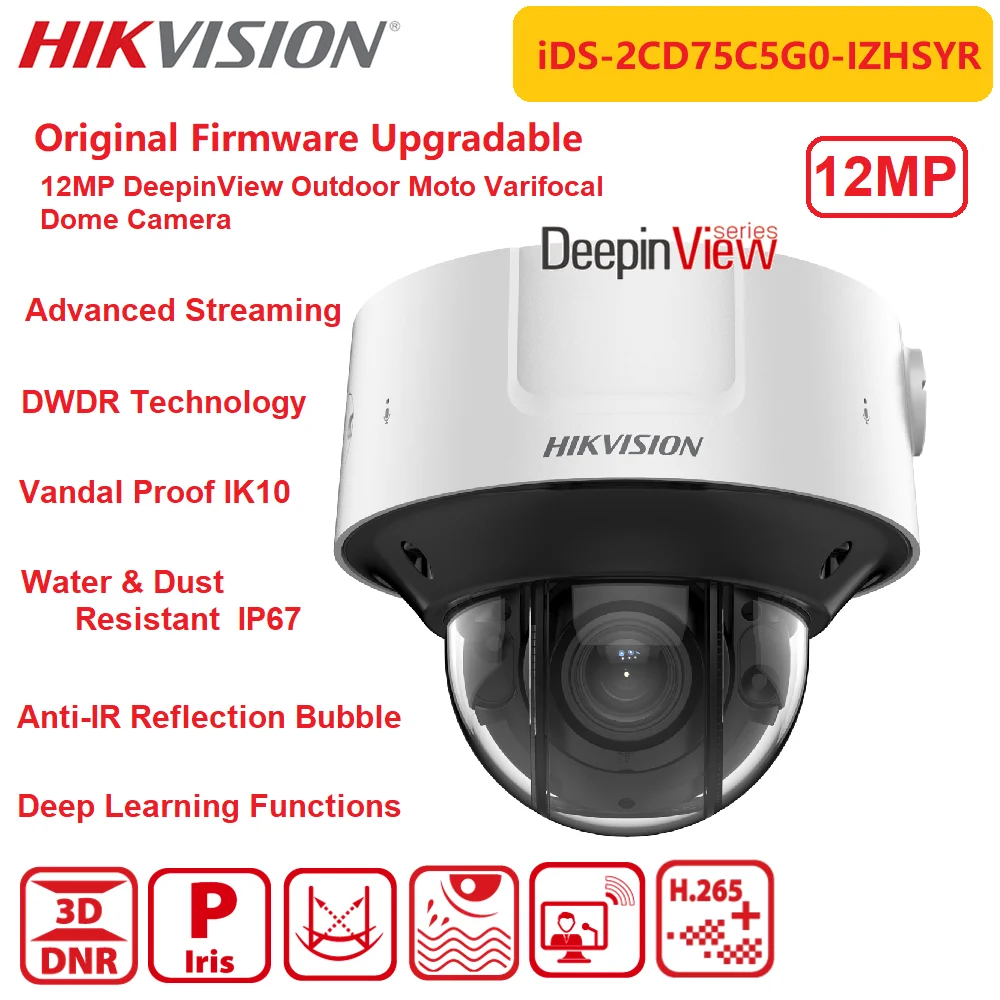 

IP-камера Hikvision, 12 МП, iDS-2CD75C5G0-IZHSY DeepinView, уличная мотоциклетная варифокальная купольная память для отключения питания, P-Iris, глубокое обучение