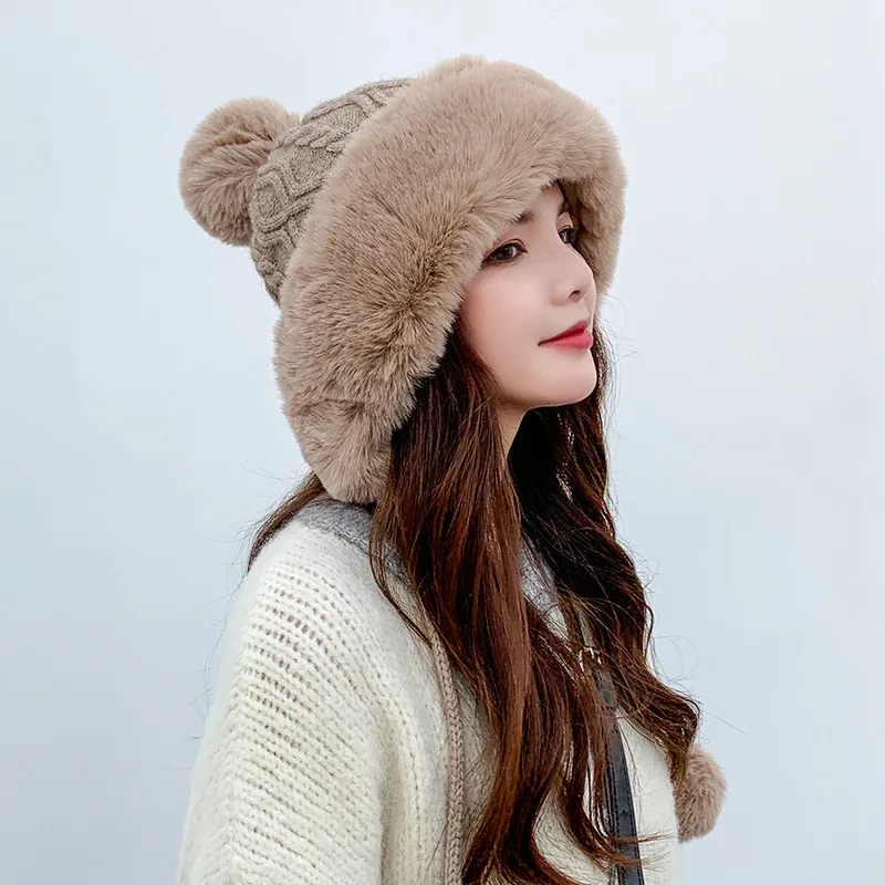 

Элегантная утолщенная Лыжная зимняя шапка для девочек, новые модные зимние женские шапки-бини с помпонами, женские шапочки, теплая вязаная ...
