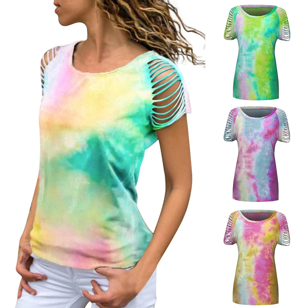 Модный Цветной яркий летний женский топ радужной расцветки с круглым