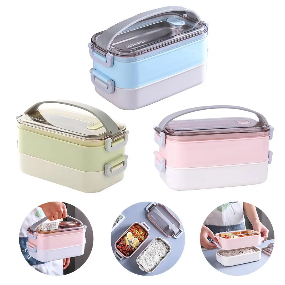 

Double stainless steel Thermal Lunch Boxs Bento Box For Food Storage Camping Portable Picnic With Tableware Set Bag Container 4P