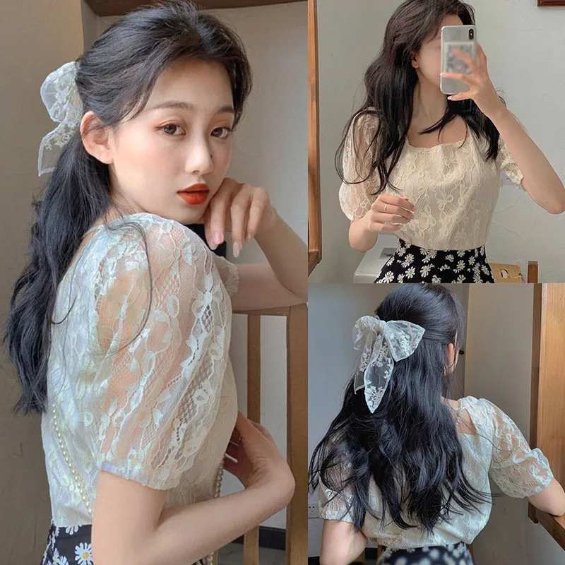 

Women Blouses Square Neck Short-Sleeved Chiffon Shirt Summer Short Lace Shirts Fairy Blouse Female Apricot Vetements Femmes