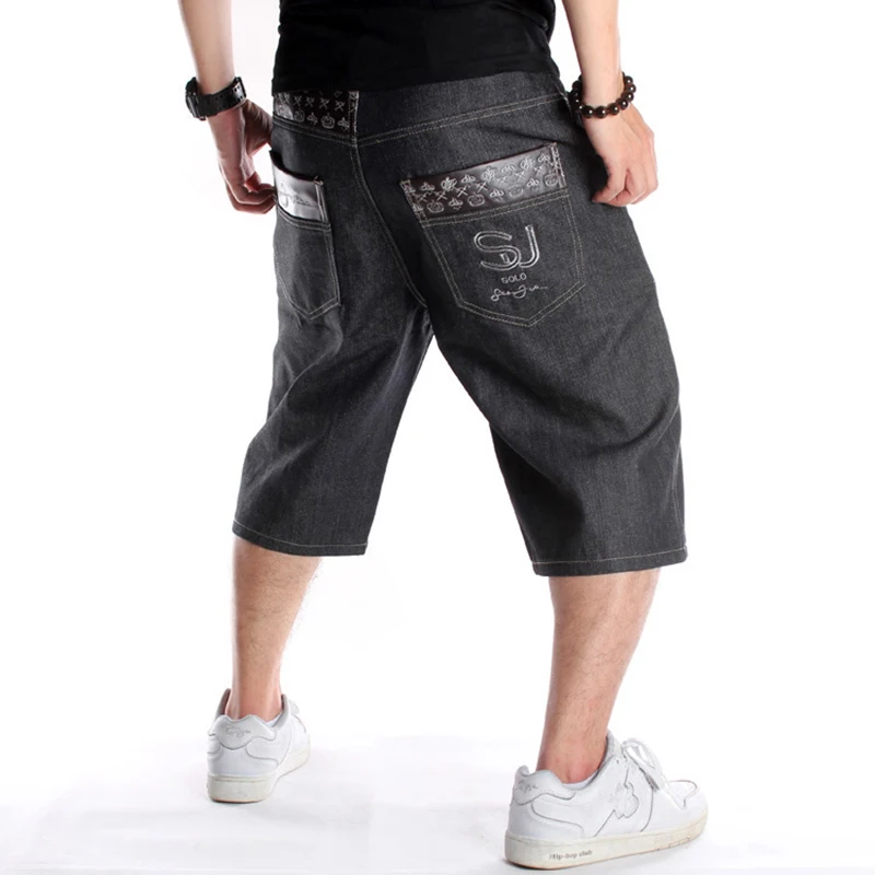 

Summer Plus Size 30-46 Wide Leg Hip-Hop Black Jeans Shorts Male Skateboard Swag Baggy Men Capri Denim Pants