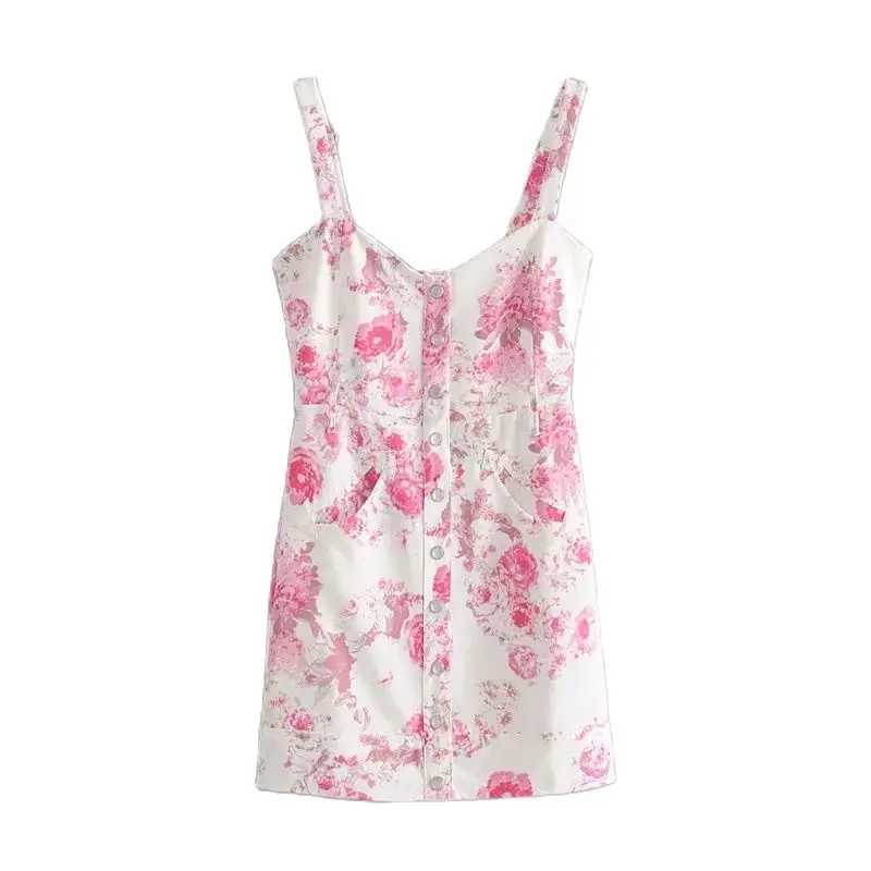 Женское платье мини на бретельках винтажное шикарное розовое пуговицах с