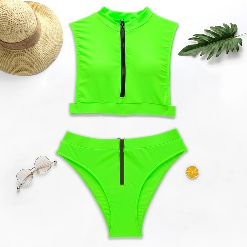 

Zipper Bikini Set 2020 New High Neck Swimwear Women Two Pieces Swimsuit Female Solid Biquini Brazilian Bathing Suits Beach Wear
