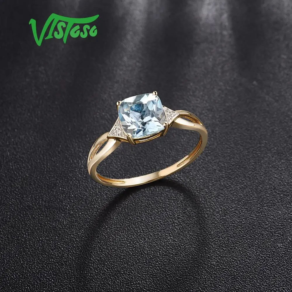VISTOSO Pure14K 585 кольцо из желтого золота для женщин, сверкающий бриллиант, хромпидный голубой топаз, юбилейное классическое ювелирное изделие