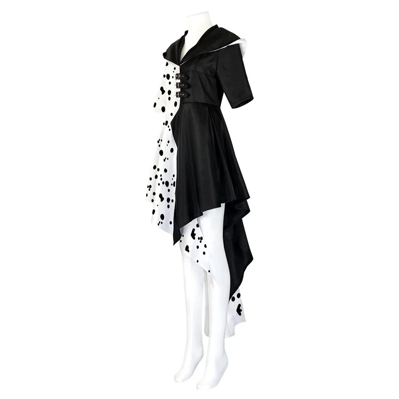 Женский костюм для косплея Cruella De Vil черно-белое платье в горошек куртка
