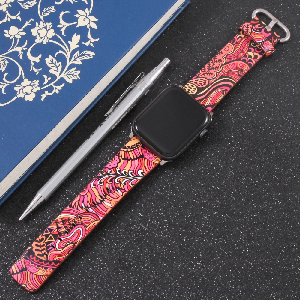 

Band For Apple Watch 6/5/4/3/2/1 38MM 40MM Floral Paragraph Leather Replacement Strap For Iwatch Series 42MM 44MM Accessories