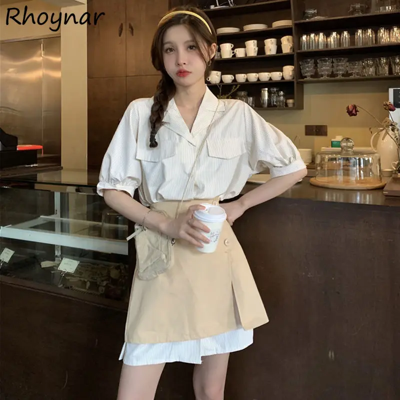 

Sets Women Elegant All-match A-line Striped Leisure Summer New Fashion 2 Piece Female Side-slit Skirts Korean Style Vintage Cozy